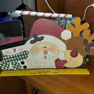Christmas Wood Basket Santa Snowman & Rudolph With Bells